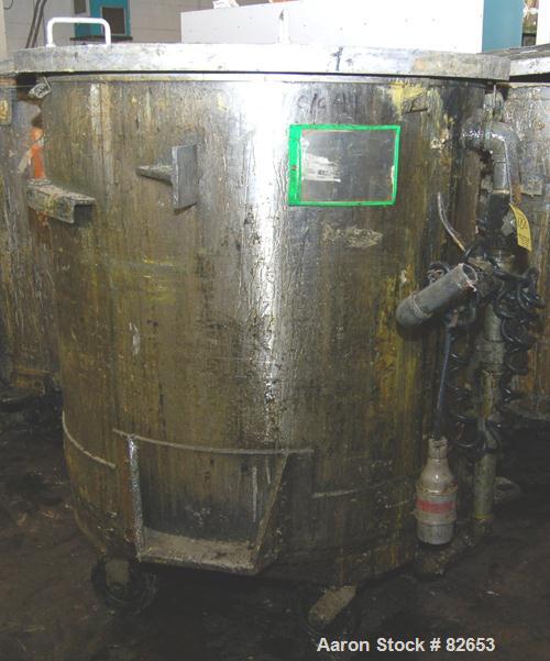 Used Tank, 300 Gallon, Stainless Steel, Vertical. 48" diameter x 48" straight side. Open top, sloped bottom. Approximately 3 hp rotary lobe pump mounted to bottom of tank. Tank mounted on casters.