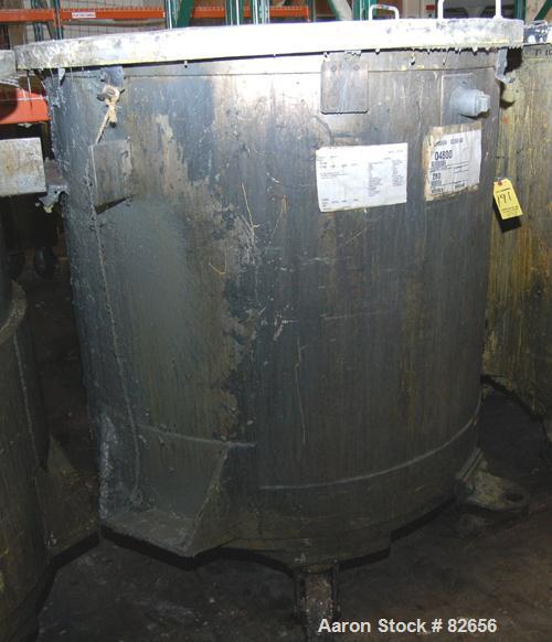 Used Tank, 300 Gallon, Stainless Steel, Vertical. 48" diameter x 48" straight side. Open top, sloped bottom. Approximately 3 hp rotary lobe pump mounted to bottom of tank. Tank mounted on casters.