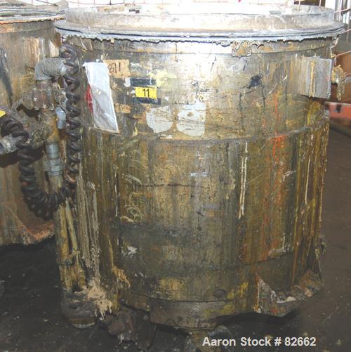 Used Tank, 300 Gallon, Stainless Steel, Vertical. 48" diameter x 48" straight side. Open top, sloped bottom. Approximately 3 hp rotary lobe pump mounted to bottom of tank. Tank mounted on casters.