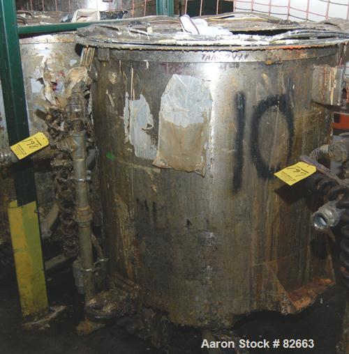 Used Tank, 300 Gallon, Stainless Steel, Vertical. 48" diameter x 48" straight side. Open top, sloped bottom. Approximately 3 hp rotary lobe pump mounted to bottom of tank. Tank mounted on casters.