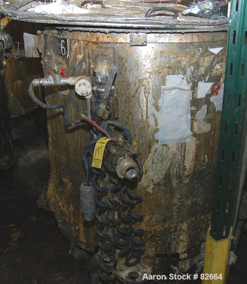 Used Tank, 300 Gallon, Stainless Steel, Vertical. 48" diameter x 48" straight side. Open top, sloped bottom. Approximately 3 hp rotary lobe pump mounted to bottom of tank. Tank mounted on casters.