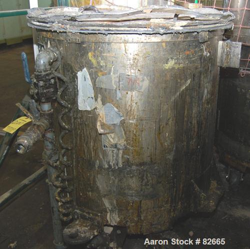 Used Tank, 300 Gallon, Stainless Steel, Vertical. 48" diameter x 48" straight side. Open top, sloped bottom. Approximately 3 hp rotary lobe pump mounted to bottom of tank. Tank mounted on casters.