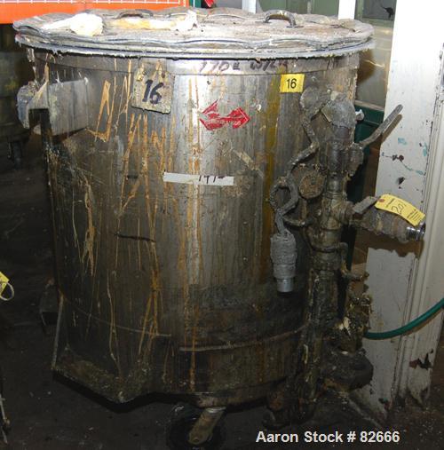 Used Tank, 300 Gallon, Stainless Steel, Vertical. 48" diameter x 48" straight side. Open top, sloped bottom. Approximately 3 hp rotary lobe pump mounted to bottom of tank. Tank mounted on casters.