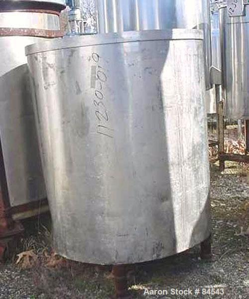 Used Tank, 100 Gallon, Stainless Steel, Vertical. 29" diameter x 36" straight side. Open top, flat bottom. Mounted on four legs.