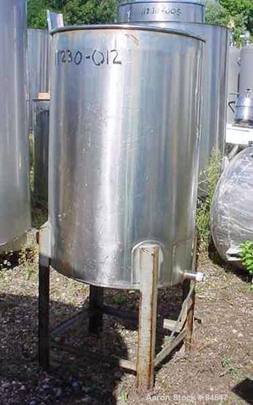 Used Tank, 50 Gallon, Stainless Steel, Vertical. 22" diameter x 34" straight side. Open top, flat bottom. Mounted on four legs.