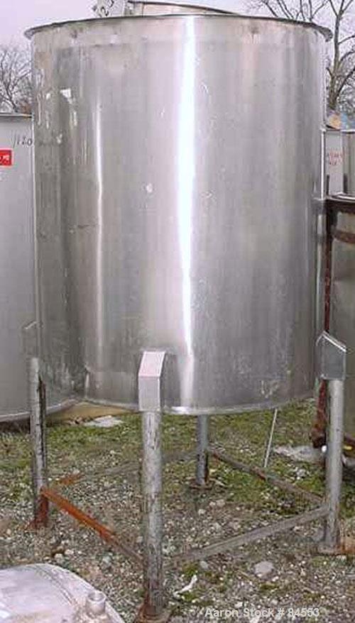 Used Tank, 250 gallon, stainless steel, vertical. 40" diameter x 48" straight side. Open top, flat bottom. Mounted on four legs.