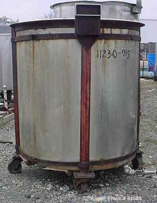 Used Tank, 200 Gallon, Stainless Steel, Vertical. 40" diameter x 42" straight side. Open top, flat bottom. Mounted on casters.