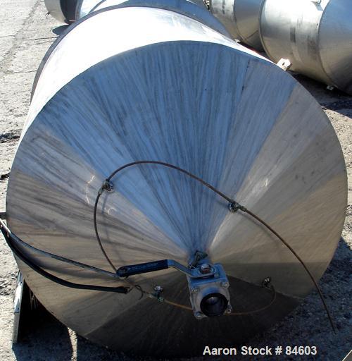 Used Tank, 350 Gallon, 304 Stainless Steel, Vertical. 44" diameter x 47" straight side. Open top, no cover, coned bottom. 2" tri-clamp center bottom outlet. No legs.