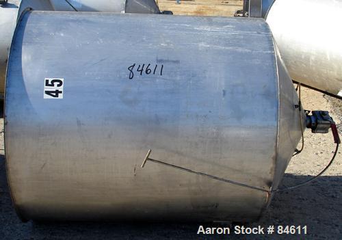 Used Tank, 350 Gallon, 304 Stainless Steel, Vertical. 44" diameter x 47" straight side. Open top, no cover, coned bottom. 2" tri-clamp center bottom outlet. No legs.