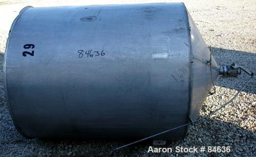 Used Tank, 350 Gallon, 304 Stainless Steel, Vertical. 44" diameter x 47" straight side. Open top, no cover, coned bottom. 2" tri-clamp center bottom outlet. No legs.