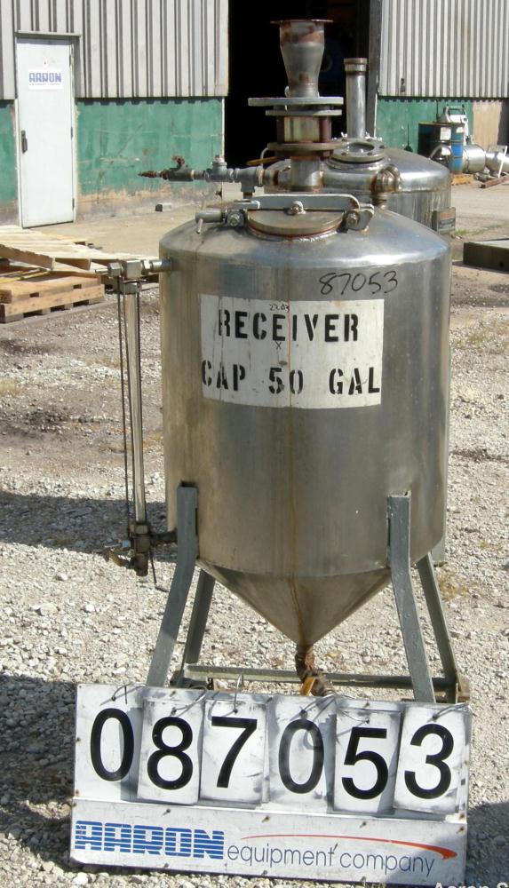 Used Tank, 50 Gallon, 316 Stainless Steel, Vertical. 24" diameter x 24" straight side. Dished top, 16" coned bottom. Openings: top 3/4" NPT, 1-1/2" NPT, 2-1/2" NPT, 6" hand hole with cover; 1" NPT ce...
