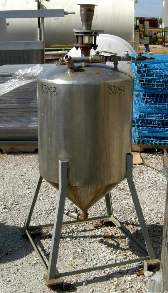 Used Tank, 50 Gallon, 316 Stainless Steel, Vertical. 24" diameter x 24" straight side. Dished top, 16" coned bottom. Openings: top 3/4" NPT, 1-1/2" NPT, 2-1/2" NPT, 6" hand hole with cover; 1" NPT ce...