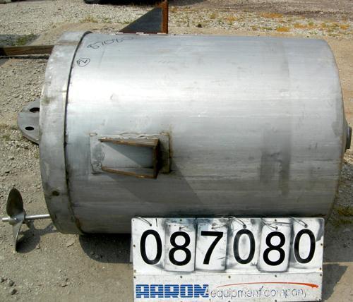 Used Tank, 225 gallon, 321 stainless steel, vertical. Approximate 36" diameter x 46" straight side. Flat top with a 1/2 hinged cover, coned bottom. Includes a JWI air operated clamp-on agitator, mode...
