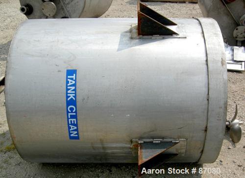 Used Tank, 225 gallon, 321 stainless steel, vertical. Approximate 36" diameter x 46" straight side. Flat top with a 1/2 hinged cover, coned bottom. Includes a JWI air operated clamp-on agitator, mode...