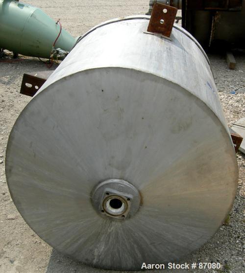 Used Tank, 225 gallon, 321 stainless steel, vertical. Approximate 36" diameter x 46" straight side. Flat top with a 1/2 hinged cover, coned bottom. Includes a JWI air operated clamp-on agitator, mode...