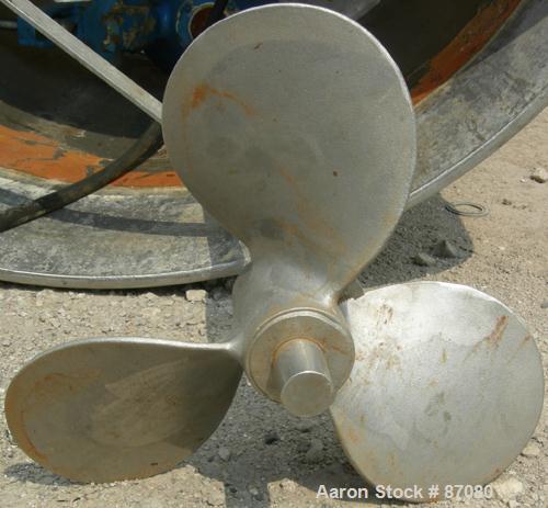 Used Tank, 225 gallon, 321 stainless steel, vertical. Approximate 36" diameter x 46" straight side. Flat top with a 1/2 hinged cover, coned bottom. Includes a JWI air operated clamp-on agitator, mode...
