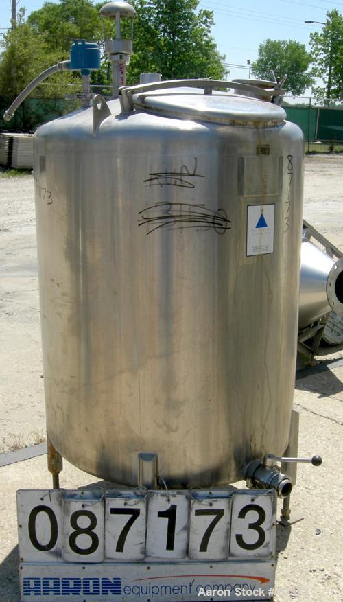 USED: Precision Stainless Tank, 160 gallon, 316L stainless steel, vertical. 36" diameter x 44" straight side. Dish top and sloped bottom. Internal rated atmos at 150 deg F. Openings: top 3", 2", 2-1/...