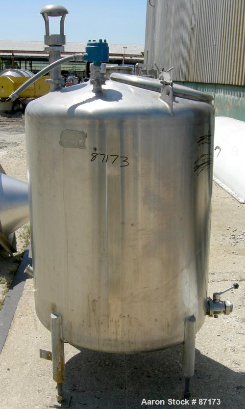 USED: Precision Stainless Tank, 160 gallon, 316L stainless steel, vertical. 36" diameter x 44" straight side. Dish top and sloped bottom. Internal rated atmos at 150 deg F. Openings: top 3", 2", 2-1/...