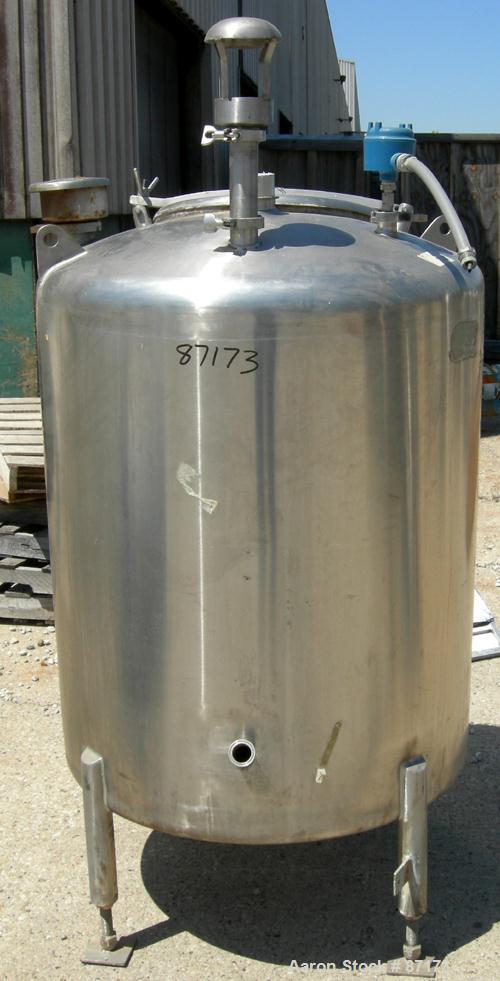 USED: Precision Stainless Tank, 160 gallon, 316L stainless steel, vertical. 36" diameter x 44" straight side. Dish top and sloped bottom. Internal rated atmos at 150 deg F. Openings: top 3", 2", 2-1/...
