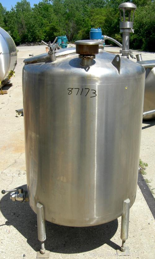 USED: Precision Stainless Tank, 160 gallon, 316L stainless steel, vertical. 36" diameter x 44" straight side. Dish top and sloped bottom. Internal rated atmos at 150 deg F. Openings: top 3", 2", 2-1/...
