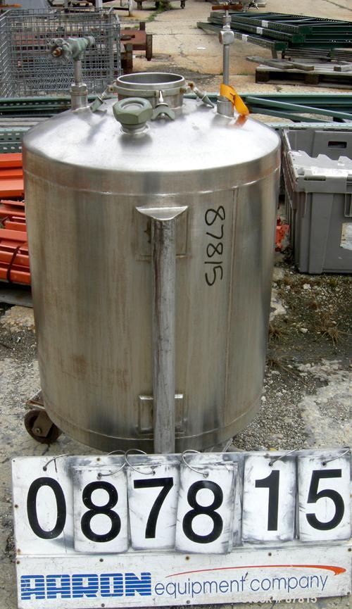 Used Tank, 55 Gallon, 321 Stainless Steel, Vertical. 24" Diameter X 28" straight side, dish top and bottom. Openings:  top (2) 1-1/2", (2) 2", 5-3/4"; 1-1/2" center bottom outlet. Mounted on 3 carbon...
