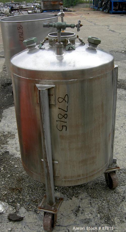 Used Tank, 55 Gallon, 321 Stainless Steel, Vertical. 24" Diameter X 28" straight side, dish top and bottom. Openings:  top (2) 1-1/2", (2) 2", 5-3/4"; 1-1/2" center bottom outlet. Mounted on 3 carbon...