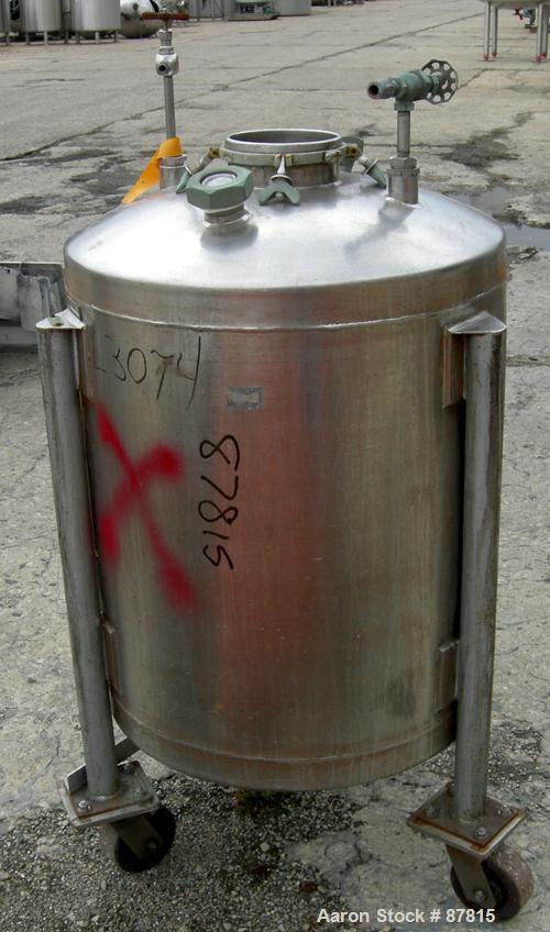 Used Tank, 55 Gallon, 321 Stainless Steel, Vertical. 24" Diameter X 28" straight side, dish top and bottom. Openings:  top (2) 1-1/2", (2) 2", 5-3/4"; 1-1/2" center bottom outlet. Mounted on 3 carbon...