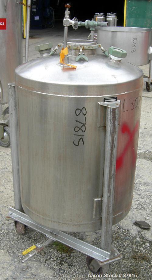 Used Tank, 55 Gallon, 321 Stainless Steel, Vertical. 24" Diameter X 28" straight side, dish top and bottom. Openings:  top (2) 1-1/2", (2) 2", 5-3/4"; 1-1/2" center bottom outlet. Mounted on 3 carbon...