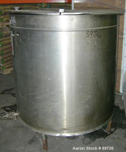 Used Tank, 340 Gallon, 304 Stainless Steel, Vertical. 48" diameter x 44" straight side, open top with a 2 piece cover, sloped bottom. Approximate 1" side bottom outlet. Mounted on 4 carbon steel legs...