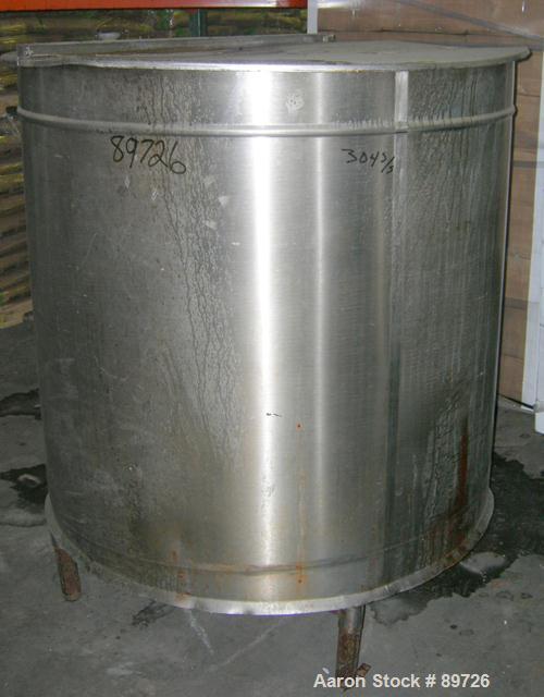 Used Tank, 340 Gallon, 304 Stainless Steel, Vertical. 48" diameter x 44" straight side, open top with a 2 piece cover, sloped bottom. Approximate 1" side bottom outlet. Mounted on 4 carbon steel legs...