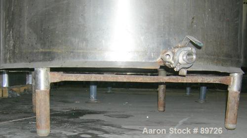 Used Tank, 340 Gallon, 304 Stainless Steel, Vertical. 48" diameter x 44" straight side, open top with a 2 piece cover, sloped bottom. Approximate 1" side bottom outlet. Mounted on 4 carbon steel legs...