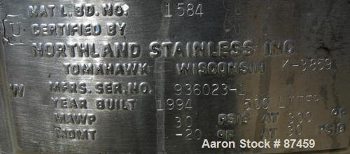 Used Northland Stainless Pressure Tank, 500 Liter (132 Gallon), 316 Stainless Steel, Vertical. 34" Diameter x 32" straight side, dished top and bottom. Internal rated 30 psi at -20 to 300 deg F. Open...