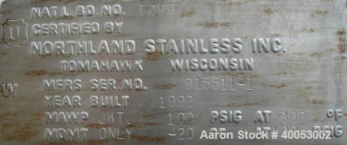 Used: Northland Stainless Company, 16 gallons, 316L stainless steel, jacketed, vertical.  20" diameter x 15" straight side x 11" coned bottom.  Flat top with 1 piece bolt down cover.  Jacket rated 10...