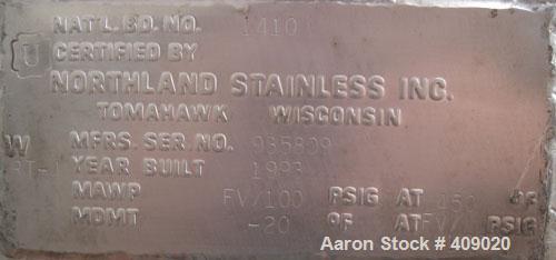 Used Northland Stainless Pressure Tank, 55 Gallon, 316L Stainless Steel, Vertical. 24" diameter x 26 1/2" straight side, dish top and bottom. Internal rated 100/fv at 150 deg F. Openings: top (2) 2",...