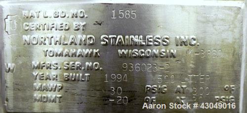 Used Northland Stainless Pressure Tank, 500 Liter (132 Gallon), 316L Stainless Steel, Vertical. 34’’ Diameter x 33’’ straight side, dished top and bottom. Internal rated 30 psi at -20 to 300 degrees ...