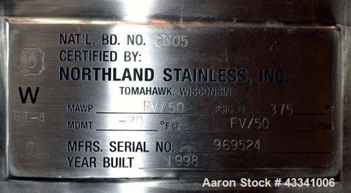 Used Northland Stainless Pressure Tank, 500 Liter (132.12 Gallon), 316L Stainless Steel, Vertical. 30” Diameter x 37” straight side. Bolt on counter balanced hinged dished top, dish bottom. Internal ...