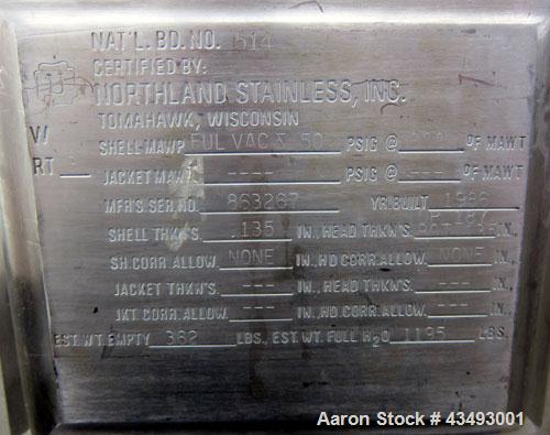 Used 100 Gallon Stainless Steel Northland Stainless Pressure Tank