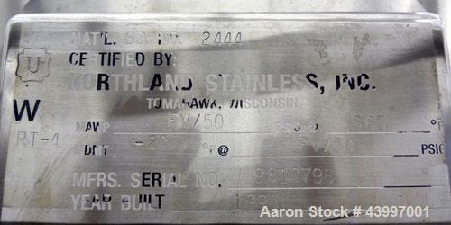 Used Northland Stainless Pressure Tank, 50 Gallon, 316L Stainless Steel, Vertical. 26" Diameter x 18" straight side, dished top, coned bottom.  Internal rated full vacuum/50 psi at -20 to 365 degrees...