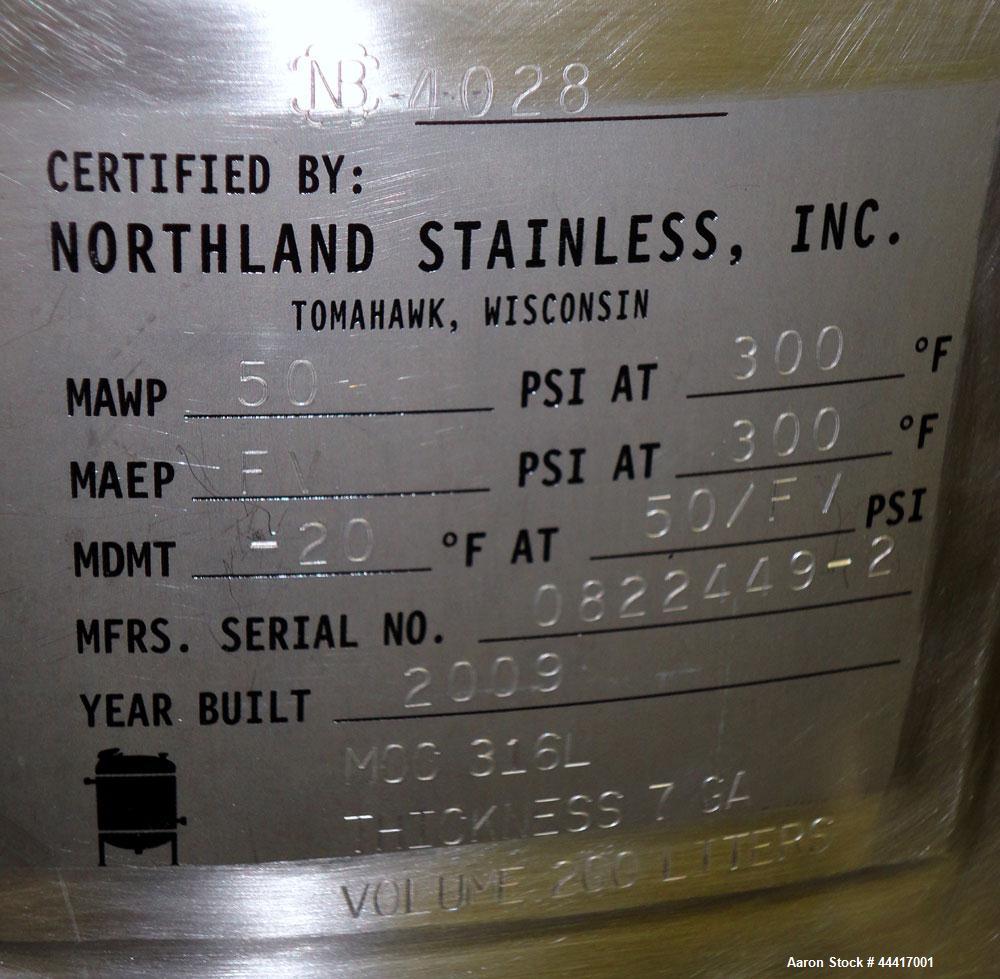 Unused- Northland Stainless Pressure Tank, 200 Liter (52.8 Gallon), 316 L Stainless Steel, Vertical.  24” Diameter x 30-1/2” straight side, dished top and bottom.  Internal rated  50 psi/full vacuum ...