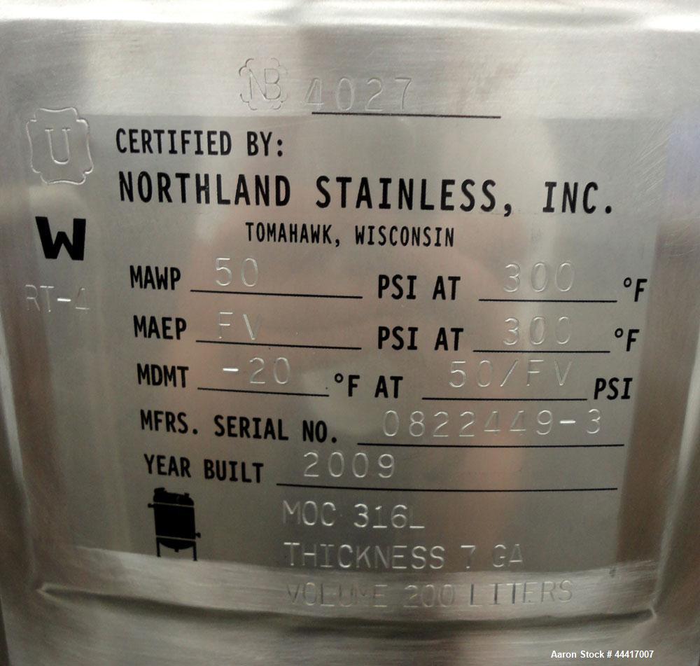 Unused- Northland Stainless Pressure Tank, 200 Liter (52.8 Gallon), 316 L Stainless Steel, Vertical.  24" Diameter x 30-1/2" straight side, dished top and bottom.  Internal rated  50 psi/full vacuum ...