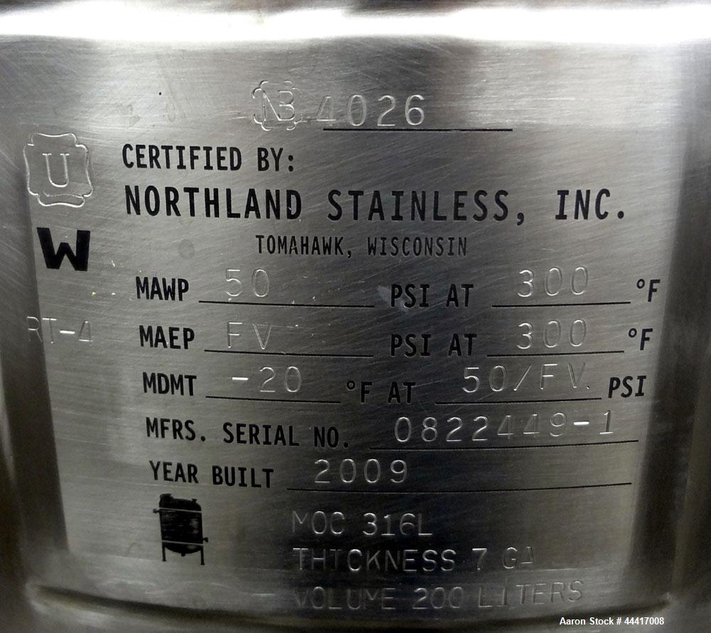 Unused- Northland Stainless Pressure Tank, 200 Liter (52.8 Gallon), 316 L Stainless Steel, Vertical.  24" Diameter x 30-1/2" straight side, dished top and bottom.  Internal rated  50 psi/full vacuum ...