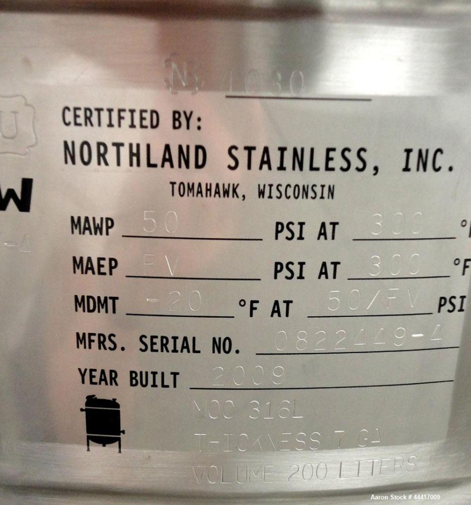 Unused- Northland Stainless Pressure Tank, 200 Liter (52.8 Gallon), 316 L Stainless Steel, Vertical.  24" Diameter x 30-1/2" straight side, dished top and bottom.  Internal rated 50 psi/full vacuum a...