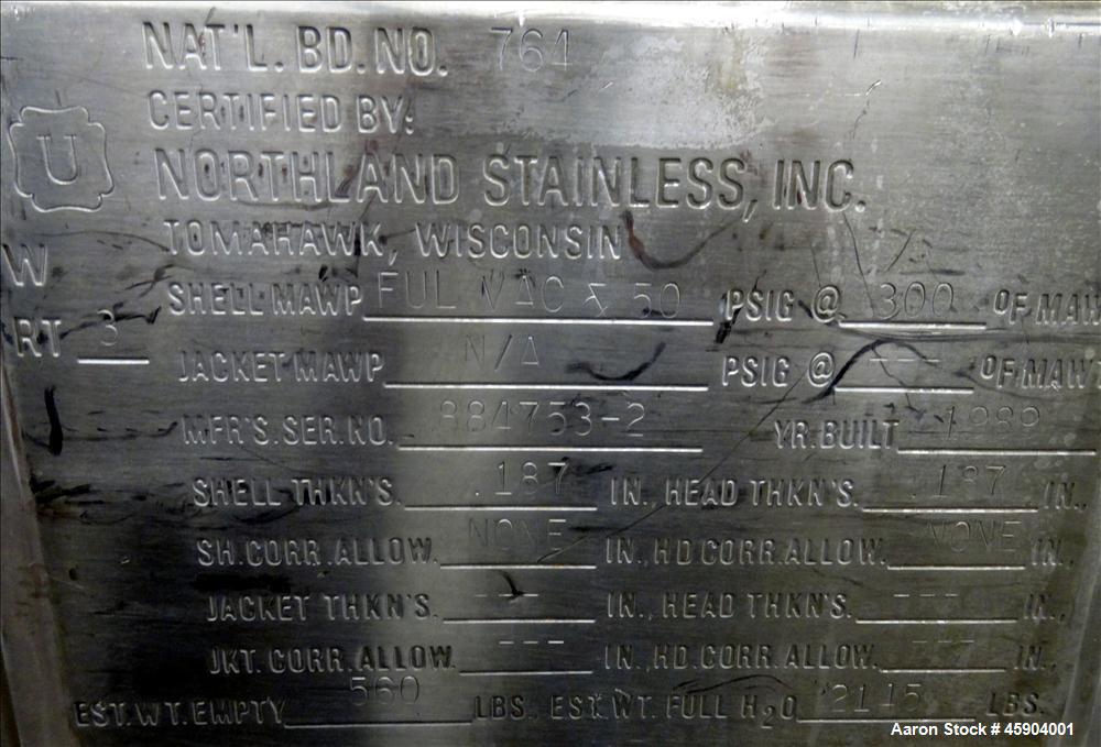 Used Northland Stainless Pressure Tank, Approximate 150 Gallon, 316L Stainless Steel, Vertical. 35-5/8" Diameter x 32" straight side. Dished top and bottom. Internal rating Full Vacuum 50 psi at 300 ...