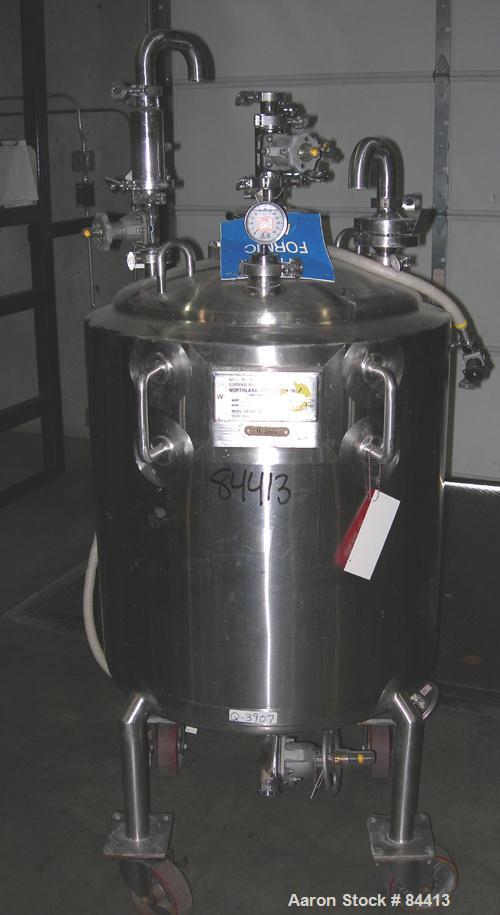 USED: Northland Stainless pressure tank, 60 gallon, 316 stainless steel, polished internal. 24" diameter x 32" straight side, dished top and bottom. Internal rated FV/50 psi at 400 deg F. (1) Spray b...