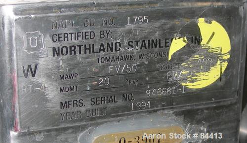 USED: Northland Stainless pressure tank, 60 gallon, 316 stainless steel, polished internal. 24" diameter x 32" straight side, dished top and bottom. Internal rated FV/50 psi at 400 deg F. (1) Spray b...