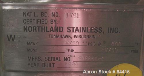 USED: Northland Stainless pressure tank, 60 gallon, 316 stainless steel, polished internal. 24" diameter x 32" straight side, dished top and bottom. Internal rated FV/50 psi at 400 deg F. (1) Spray b...