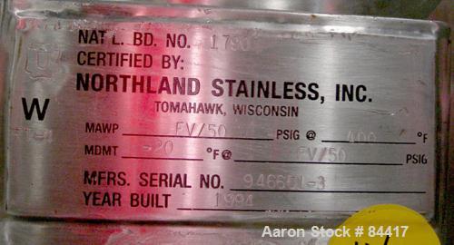 USED: Northland Stainless pressure tank, 60 gallon, 316 stainless steel, polished internal. 24" diameter x 32" straight side, dished top and bottom. Internal rated FV/50 psi at 400 deg F. (1) Spray b...