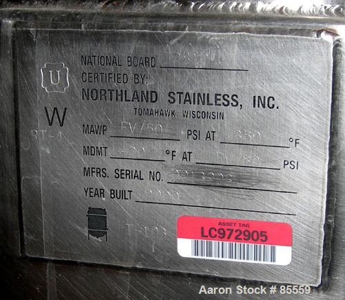 USED: Northland stainless pressure tank, 60 gallon, 316L stainless steel, vertical. 12" diameter x 29" straight side, dish top and bottom. Internal rated FV/50 psi at 350 degrees F. Openings: top 1-1...