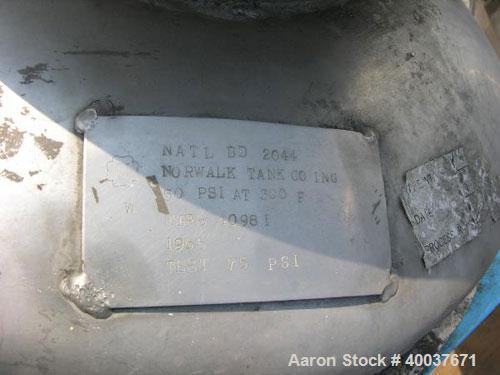 Used Norwalk Pressure Tank, 50 Gallon, Stainless Steel, Vertical. Approximately 24'' diameter x 24'' straight side, dished top and bottom. Internal rated 50 psi at 300 deg F. Top manway, center botto...