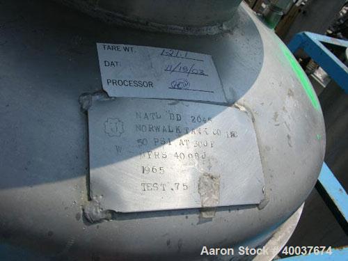 Used Norwalk Pressure Tank, 50 Gallon, Stainless Steel, Vertical. Approximately 24" diameter x 24" straight side, dished top and bottom. Internal rated 50 psi at 300 deg F. Top manway, center bottom ...